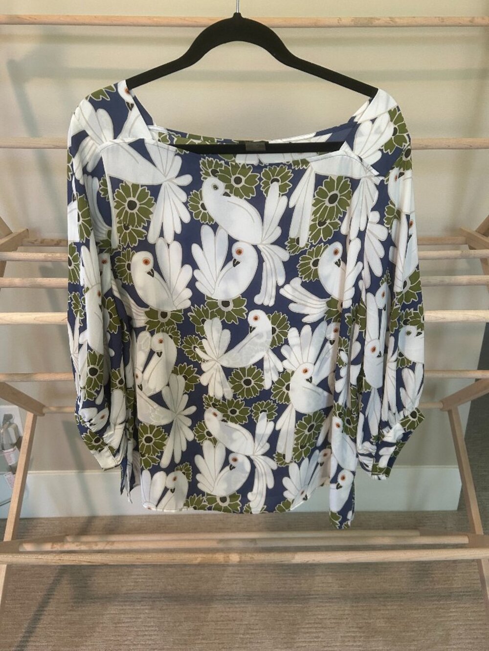 Ann Taylor Factory Navy Green Dove & Floral Square Neck Blouse XL